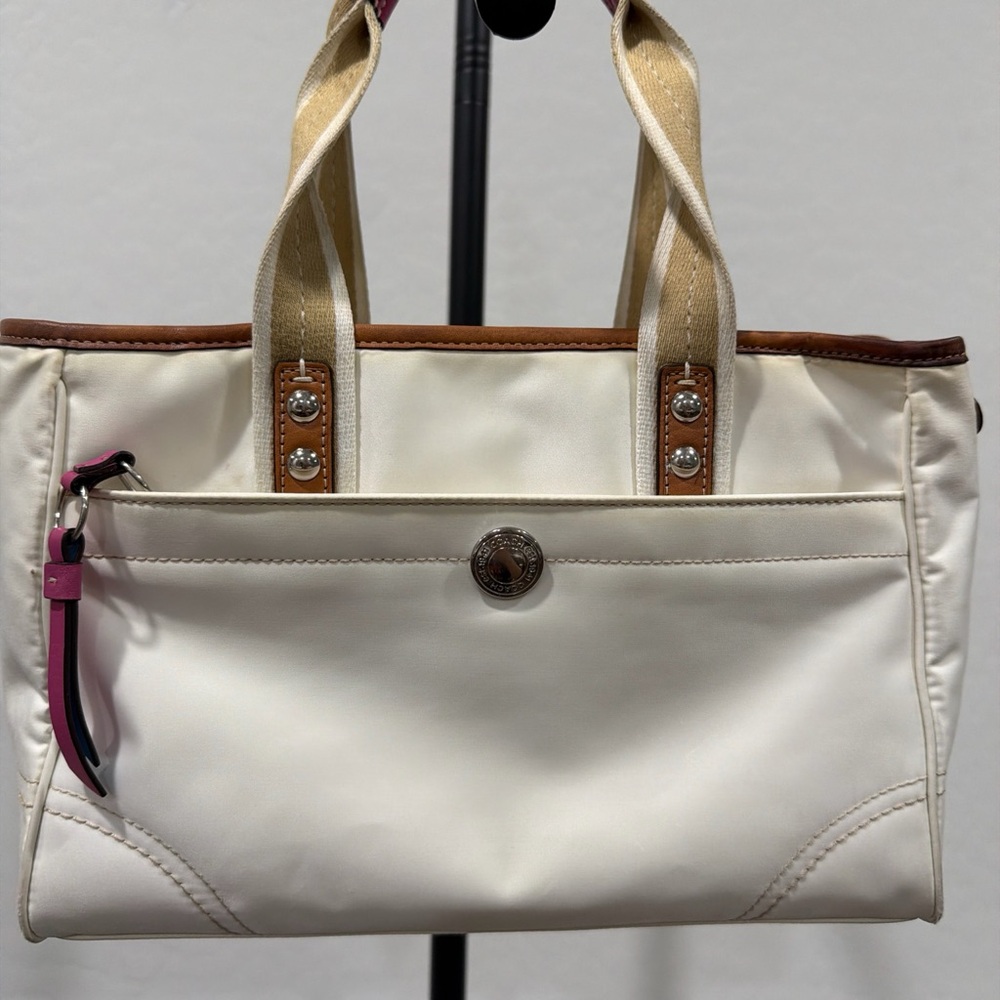 Coach Hampton Small Nylon Tote bag in white with tan leather trim